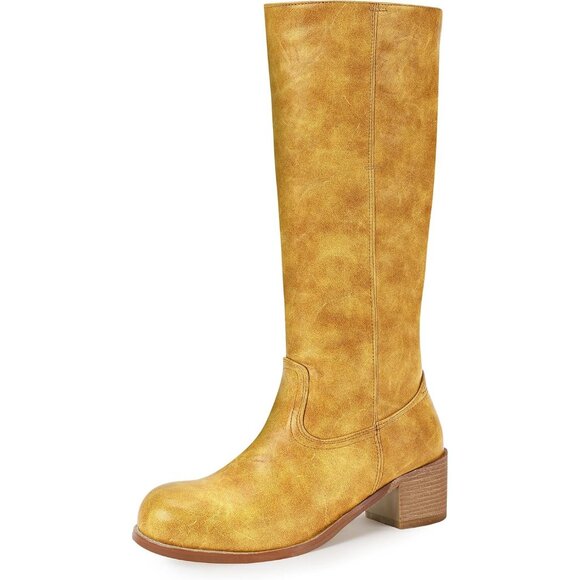 Shoes - Women's Banana Yellow lDIFU Knee-High Square Toe Chunky Block Heel Riding Boots
